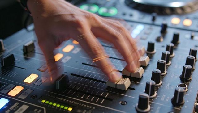 Right hand adjusting mixer faders on dj console with led level meters and rotary knobs