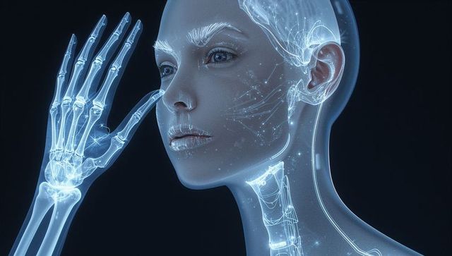 X-ray futuristic humanoid head glowing with skeletal hand and neural holographic filaments