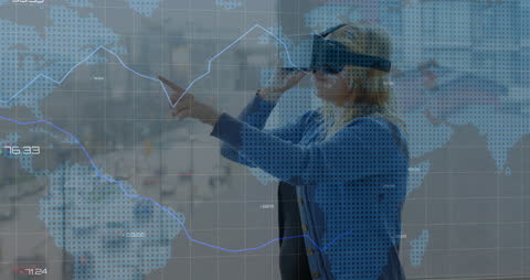Woman Exploring Virtual Data Interface with VR Headset