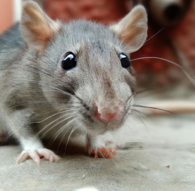 Close-up portrait of a curious rat with prominent whiskers, capturing its expressive facial features. This image can be used for topics related to pets, rodents, and animal behavior. Ideal for educational content, pet care guides, or nature blogs.