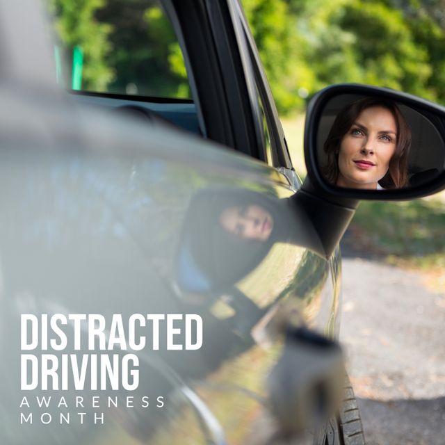 Woman Looking in Car Mirror for Distracted Driving Awareness Month - Download Free Stock Templates Pikwizard.com