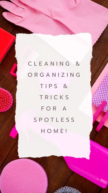 Vertical image of cleaning and organizing tips over rubber gloves and pink cleaning tools. Household and cleaning concept.