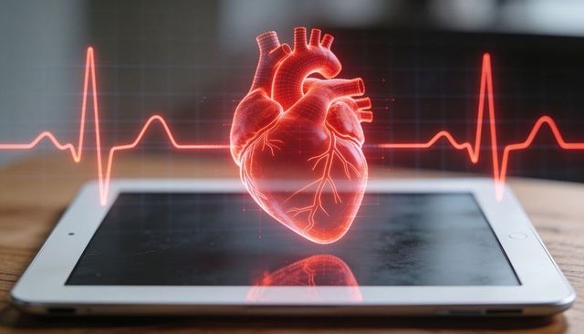 Holographic 3d human heart projecting above tablet with ecg waveform for telemedicine