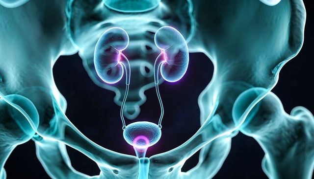 Translucent pelvis showing glowing urinary tract 3D render of kidneys, ureters, bladder