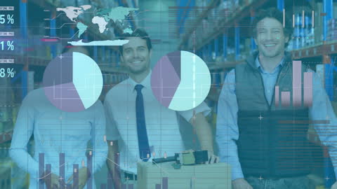 Smiling Warehouse Team with Data Graphics