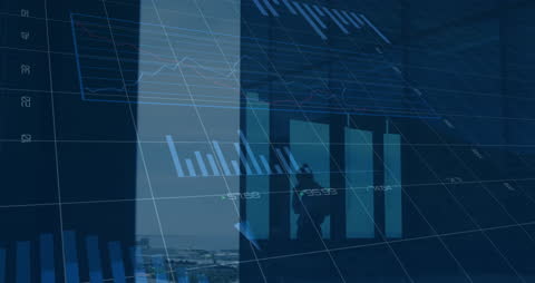 Animated Financial Graphs Over Businessman Silhouette in Office