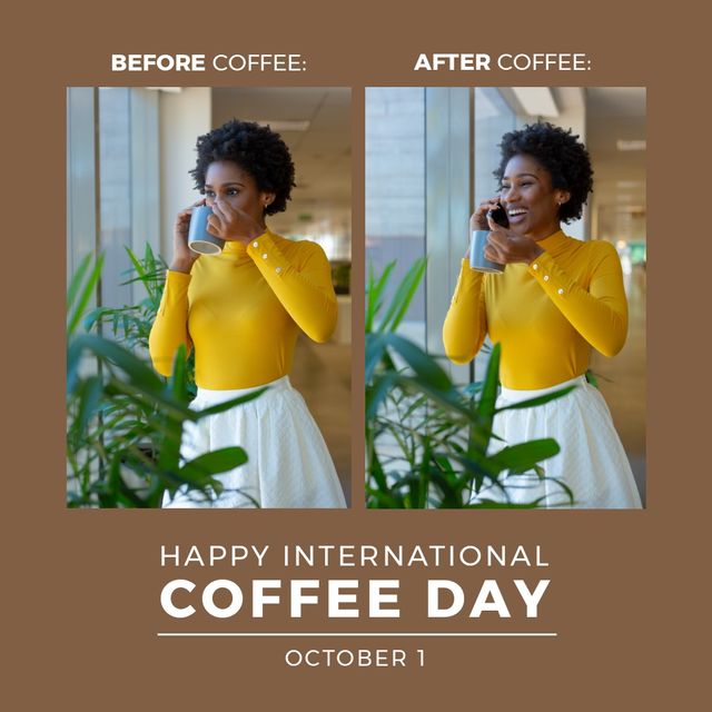 An African American woman celebrating International Coffee Day by happily drinking coffee. Perfect for use in social media posts, promotional materials, advertisements, coffee brand marketing, and blog posts about coffee. Highlights the joy and satisfaction associated with drinking coffee on International Coffee Day.