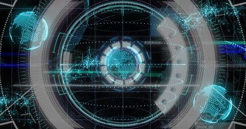 Futuristic holographic hud projecting rotating globe with rings and digital network