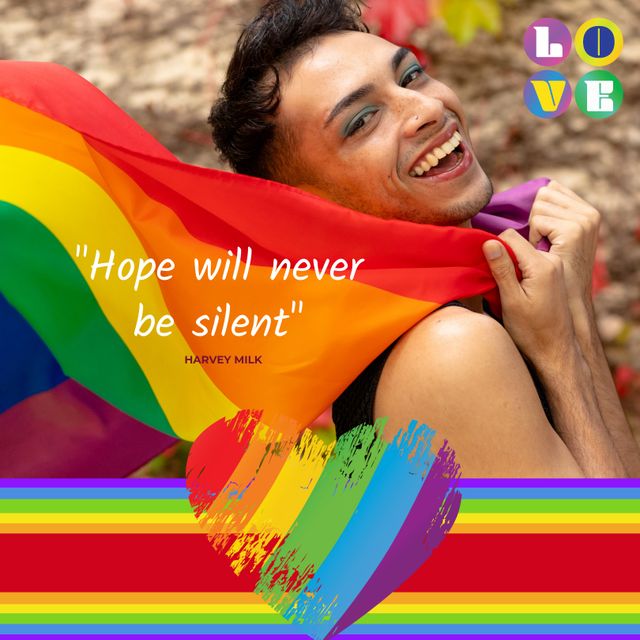 Featuring a person celebrating Pride with Harvey Milk inspirational quote 'Hope will never be silent'. Vibrant rainbow colors and a heart symbolizing love and unity. Ideal for promoting Pride events, equality movements, and LGBTQ rights campaigns. Represents inclusivity, motivation, and community support.