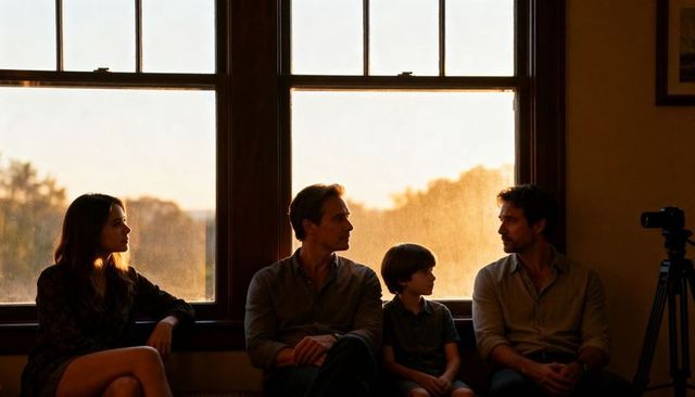 Sunset conversation by tall windows, family sitting together with camera on tripod at dusk