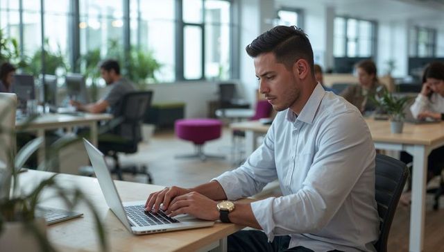 Young man typing on laptop in modern open-plan coworking space with natural light
