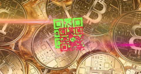 Digital QR Code Overlay on Floating Gold Bitcoins