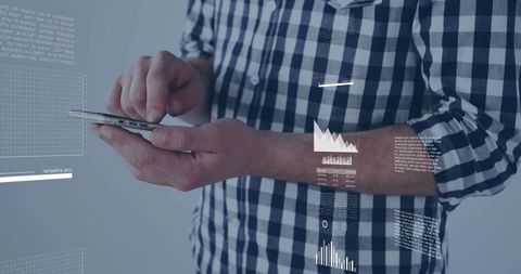 Tapping smartphone with HUD analytics overlay, man wearing blue checkered shirt