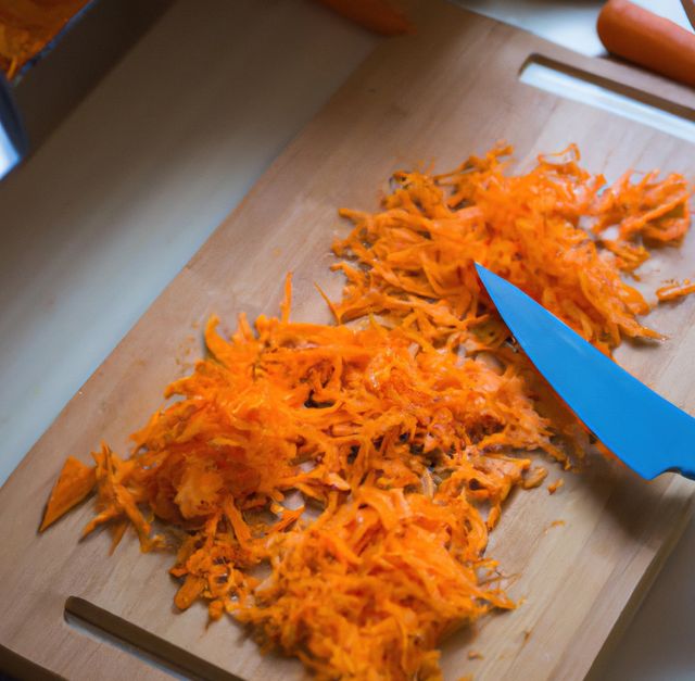 Freshly grated carrots on a wooden cutting board with a knife laying nearby. Perfect for use in culinary blogs, healthy eating websites, recipe books, or cooking guides. This scene captures the essence of preparation in the kitchen, emphasizing fresh ingredients and healthy living.