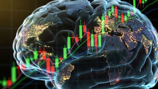 Combining brain hologram and illuminated world map with candlestick charts and data lines