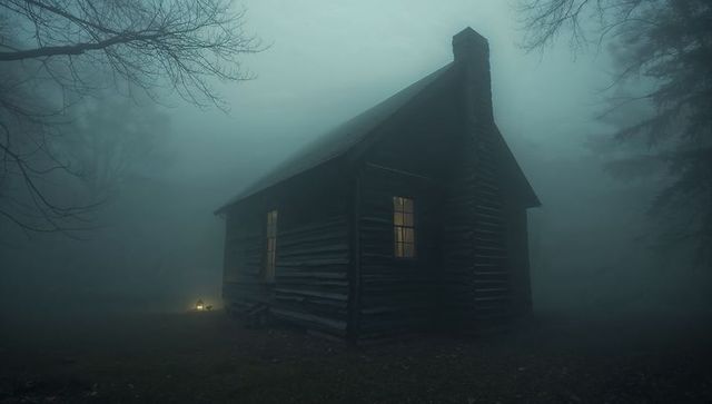 Mysterious log cabin in foggy forest atmosphere