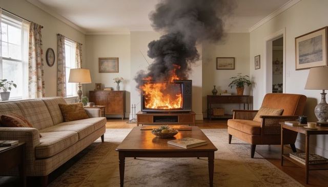 Retro crt television burning in living room with thick black smoke and flames