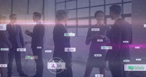 Executives networking with augmented reality social hud overlays in modern loft