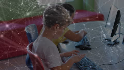 Young Students Using Computers with Digital Network Overlay