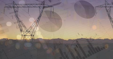 Financial Data Overlay on Electricity Pylons at Sunset