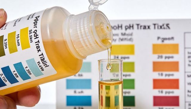 Pouring yellow reagent into test tube while matching color chart for water testing