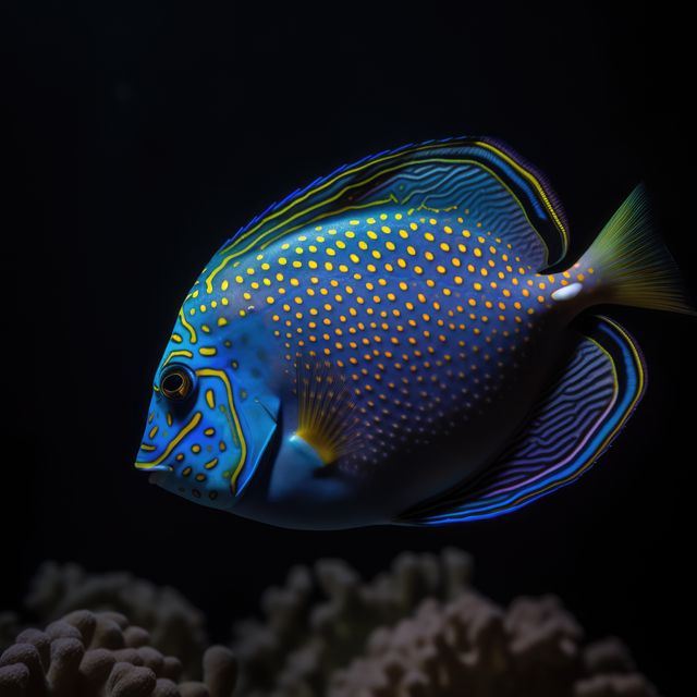 Blue tropical fish with pattern and coral reef in sea, created using generative ai technology. Fish, animals and nature concept, digitally generated image.