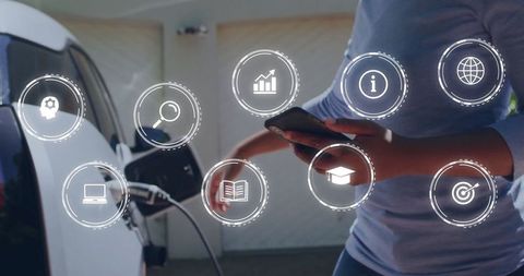 Woman Controlling Electric Vehicle Charging with Smartphone and Icons