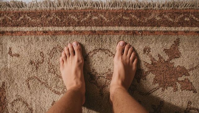 Bare feet standing on vintage floral rug with fringed border overhead cozy home scene