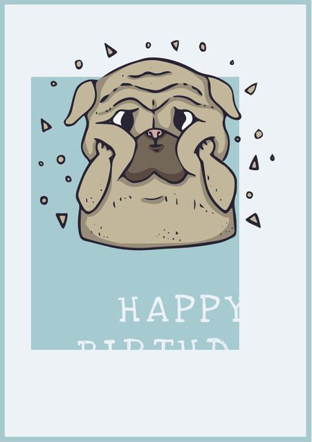 Charming illustration of a pug making a playful expression, ideal for birthday cards and pet adoption event posters. Use this design for creating fun and loving greetings, announcements, or invitations for pet-themed parties. Perfect for kids and animal lovers.