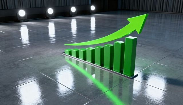 Green 3d ascending bar chart with glossy tile reflection and upward arrow spotlight
