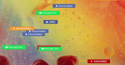 Colorful technology social media elements overlaying liquid