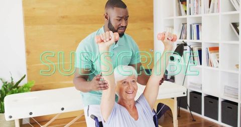 Senior Woman Exercising with Physiotherapist Support in Therapy Room