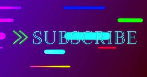 Neon subscribe cta banner with glowing cyan text, green chevron and colorful bars