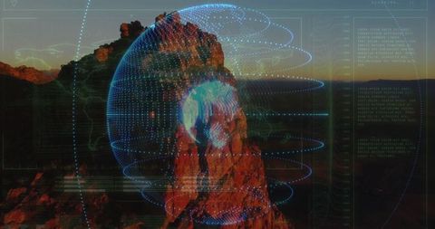 Futuristic Digital Globe on Desert Rock Formation