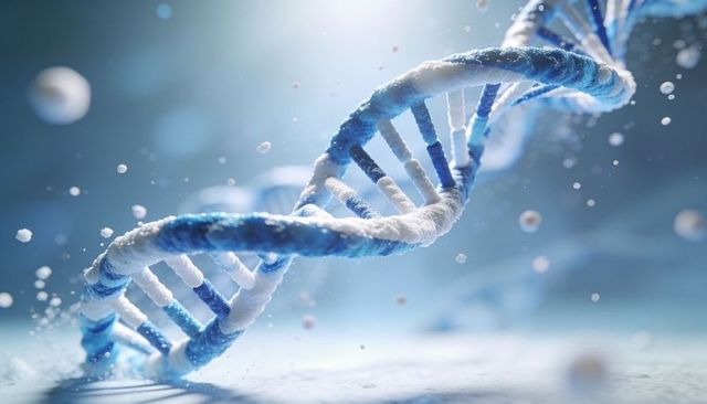 Frosted dna double helix twisting in cold blue light, scientific molecular spiral