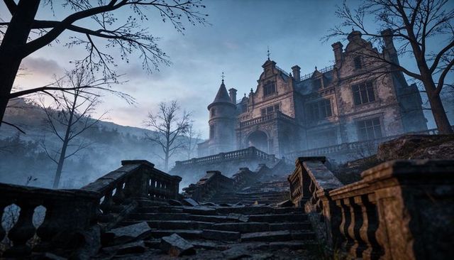 Gothic ruined mansion on foggy hillside with crumbling staircase, turret and twilight