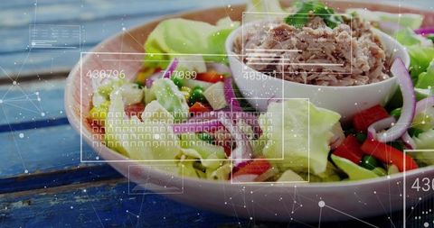 Featuring fresh tuna salad bowl with digital nutrition hud overlay for healthy eating