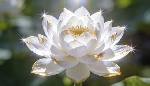 White lotus blooming with gold-edged petals, luminous yellow stamens and starburst highlights