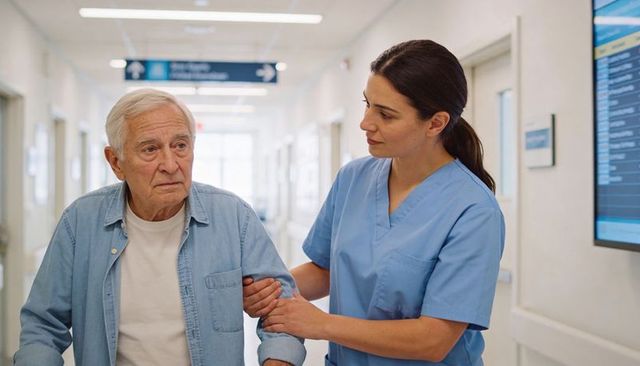 Nurse guiding elderly man through hospital corridor providing supportive care and assistance