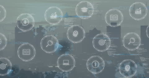 Digital Data Icons Overlaying Cityscape Future Concept