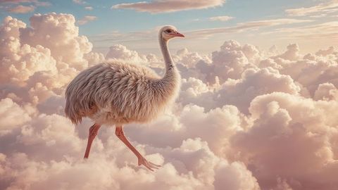 Majestic ostrich strolling above fluffy clouds in dreamlike sky