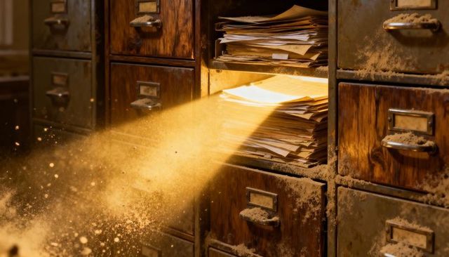 Sunlit antique file cabinet drawer overflowing with yellowed documents and dust motes