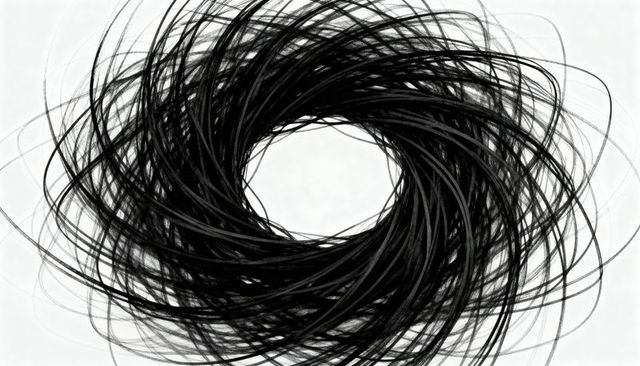 Swirling black vortex forming monochrome spiral with central void for graphic design