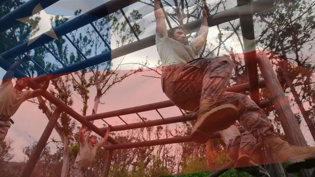 Images show diverse male soldiers engaging in intensive training exercises on an obstacle course, with the Chilean flag superimposed. This conveys themes of national pride, military strength, and teamwork. It can be used for military-themed promotions, articles on training and defense, or patriotic celebrations highlighting Chilean bravery and unity.