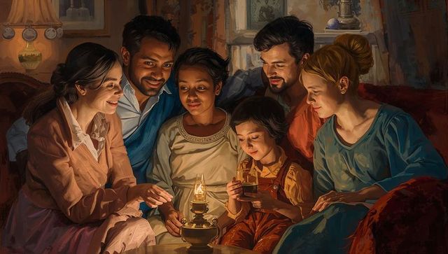 Family gathering around oil lamp sharing storytime warm evening glow intimate nostalgic