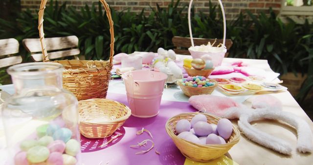 Easter Egg Hunt Table with Baskets and Decorations - Download Free Stock Images Pikwizard.com