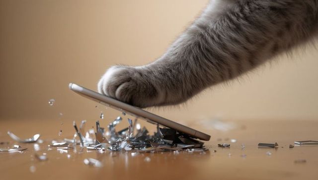 Gray cat paw smashing smartphone on wooden table with glass shards, beige backdrop closeup
