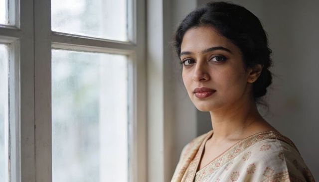 Indian woman gazing through window wearing printed saree in soft natural light