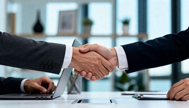 Business partners shaking hands over contract in modern office with laptop and clipboard