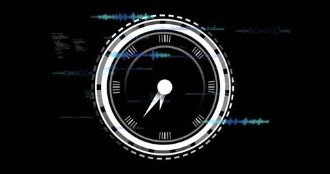 Futuristic digital gauge on dark interface with waveform streams